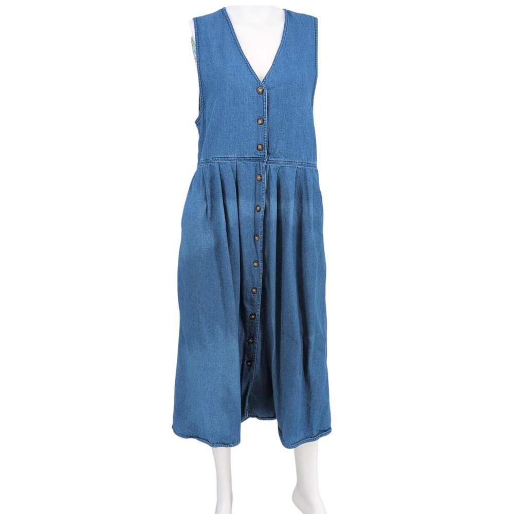 Vtg 90s Denim Jumper Dress Overall Midi Button Front Cottage Prairie Boho Medium